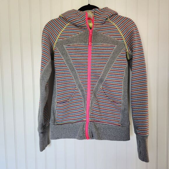 LULULEMON IVIVVA Girls Gray Pink Stripe Scuba Hoodie Jacket Zip Sweater 12 - Picture 1 of 8